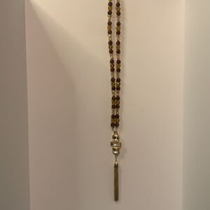 Long Brown Gold Beaded Necklace with Tassels 24‎ Inches Long